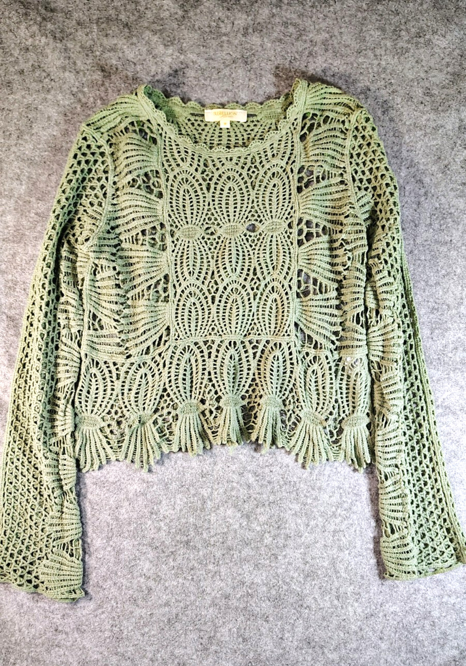 Rebellion Again Sage Green Crochet Knit Long Sleeve Top Boho Scalloped Size M